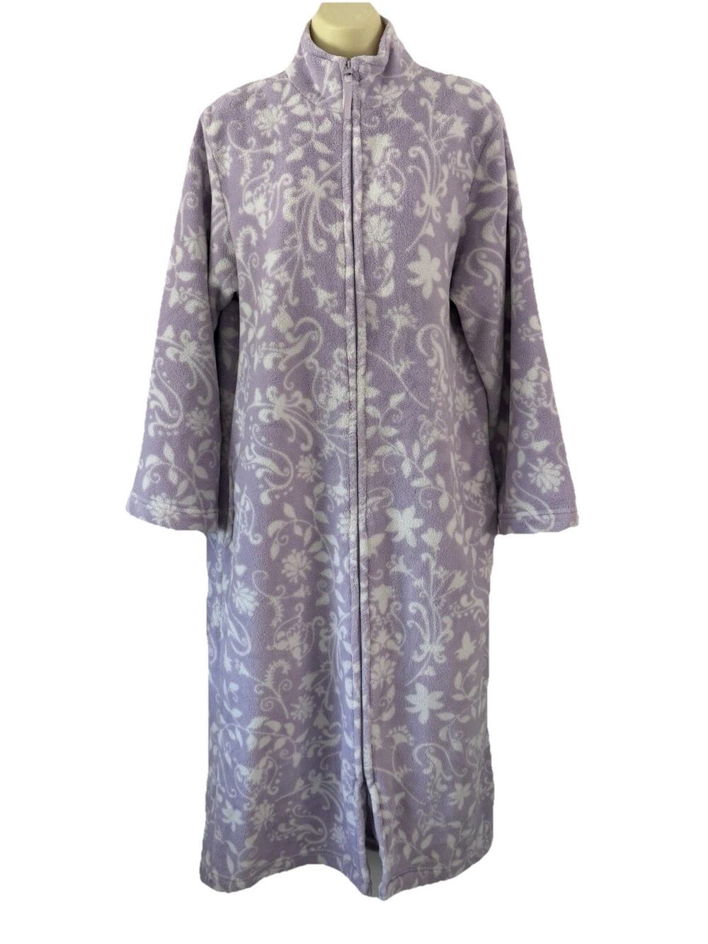 adonna Purple White Print Plush Women's Robe Size M Front Zip Vintage Comfy